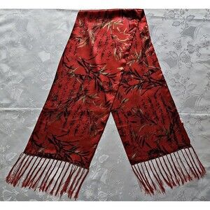 Vintage Chinese Silk Scarf Red Bamboo Calligraphy Zheng Xie Art Wrap